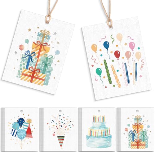 Dunzoom 50 Pcs Colorful Birthday Gift Tags with String Watercolor Birthday Candles Balloon Gift Paper Tags Blank Hanging Present Labels for Parents Party Decor(Blue Vivid)