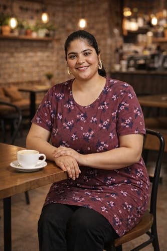 Image of RYSH Women's All-Over Printed Cotton Plus Size Longline T-Shirt with Pockets