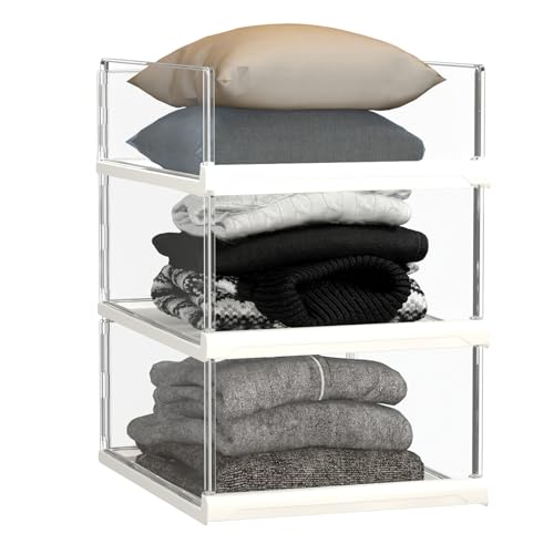 Covetree 3 Pack Stackable Closet Organizers and Storage Shelves - Transparent Sweater Organizer for Closet, Bathroom, Kitchen, Cupboard, Laundry Room, and Office