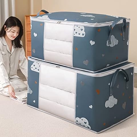 2 Pack Large Capacity Clothes Storage Bag Organizer with Reinforced Handle Thick Fabric for Comforters, Blankets, Bedding, Foldable with Sturdy Zipper, Clear Window (blue) Cover