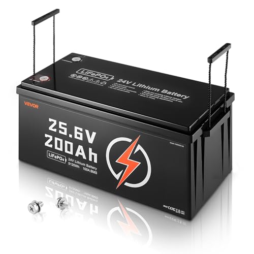 VEVOR 24V 200Ah LiFePO4 Lithium Battery Built-in 100A BMS Deep Cycle Lithium Rechargeable Battery with Low Temperature Protection 4000+ Cycles Max. 5120Wh for RV Camper Trolling Motors Marine