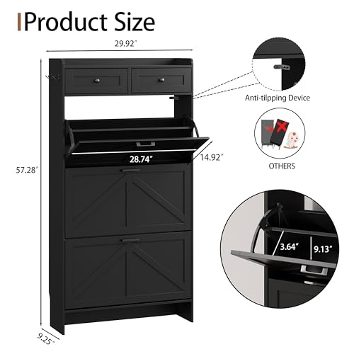 Image of Shoe Cabinet with 3 Flip Drawers & 2 Top Drawers, 57 inch Tall Freestanding Narrow Wooden Shoe Storage Organizer for Entryway, Hidden Slim Shoe Rack for Front Door Entrance, Hallway, Living Room, Black