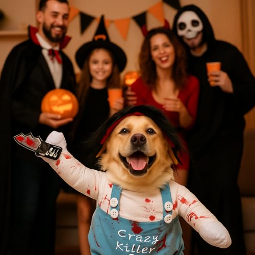 Valicaer Halloween Hundekostüm Chucky,Hund Schreckliches Kostüm Lustiges Haustier Kostüm für kleine bis große Hunde und Katze, Party- und Cosplay Anzug Dog Killers (L)
