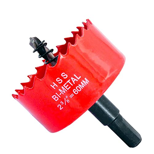 Scie cloche 60 mm, acier rapide HSS M42 bi-métal, fraise à trous avec tige hexagonale et foret pour bois, cloison sèche et tôle métallique, 1 pièce, rouge Cover