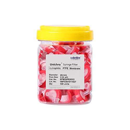 Image of 100 Pack Syringe Filter PTFE Lab Filters 0.8μm Pore Size 25mm Diameter Hydrophobic Filtration Non-sterile Red