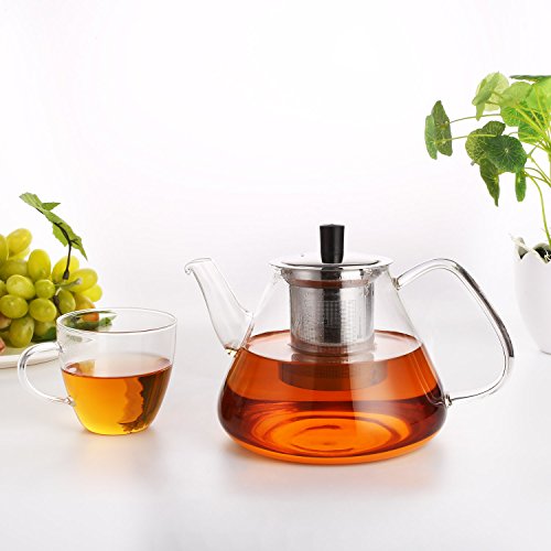 Juego de Té Tetera de Cristal 1.35 L y 4 Vasos Opto Té y Café Anti-calor con Colador Extraíble de Acero inoxidable