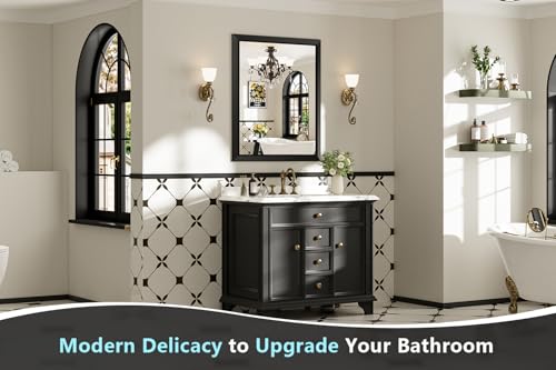 Image of 20x28 Inch Black Bathroom Mirror for Wall, Beveled Framed Rectangle Bathroom Vanity Mirrors for Over Sink, Bedroom, Living Room, Entryway, Anti-Rust, HD Tempered Glass, Horizontally /Vertically