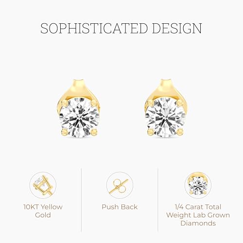 Gilded Lab-Grown Diamond 10KT White Gold and 10KT Yellow Gold Stud Earrings for Women| Hypoallergenic Fine Gold Jewelry | 4-Prong Basket, Push Back Nut | SI1 Clarity, F Color, Round Cut | 1/5,1/4,1/3,3/8,1/2,3/4,1 Carat Total Weight3