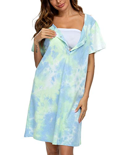 Image of ENJOYNIGHT Womens Short Sleeve Nightgown Tie Dye Nightshirt Nursing Sleepshirts Breastfeeding Sleep Dress