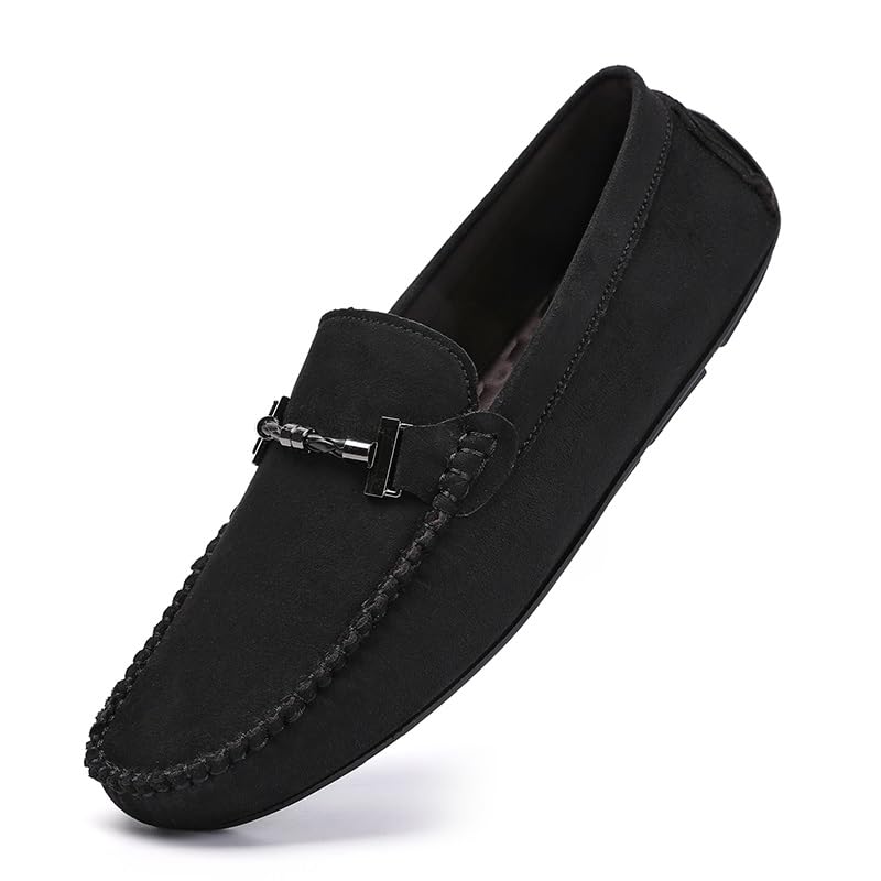 Mens Loafers Suede Vamp Round Toe Driving Shoes Resistant Flat Heel Comfortable Prom Slip On(Black,10 M US)2