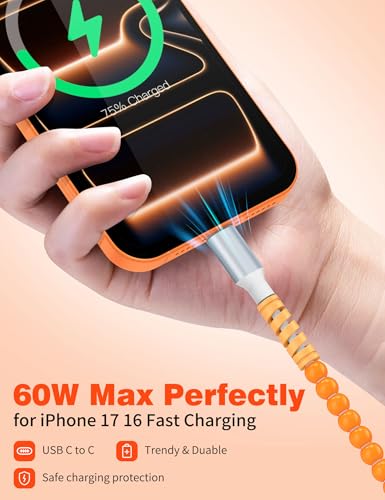 Image of USB C to USB C Cable 6FT,60W Fast Charging Beaded Charger Cord for iPhone 17 16 15 Pro Max /iPad Air 11th 10 for Samsung S26 S25 S24 Ultra S23 A16 A17 /Android Phone Charger Cord Cute Girl Women,Orange