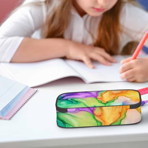 Image of Abstract Print Pencil Case Colorful Fluid Waves Golden Swirls Pencil Bag Pouch Box Organizer for College School Students Boy Girl