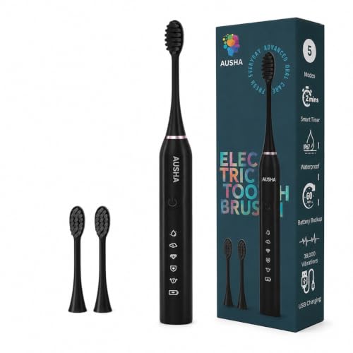 Image of AUSHA Black Smart Electric Toothbrush for Men & Women - Sonic Vibrating Automatic Toothbrush for Adults Rechargeable, 5 Modes, Smart Timer, Waterproof, 60-Day Battery Life, 2 Extra Brush Heads