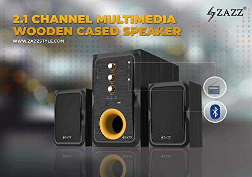 Image of ZAZZ MS2134 2.1 Channel Wireless Bluetooth Multimedia Speaker | Full Wooden Enclosure | Black-Yellow Design | AUX, USB, TF Card & Bluetooth Connectivity | Immersive Sound with LED Light Indicator