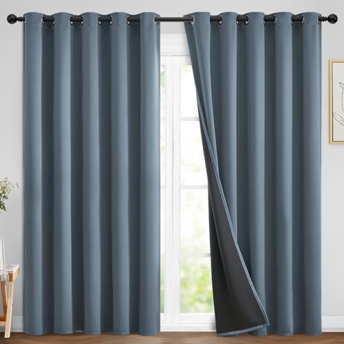 Image of Yakamok Stone Blue 100% Blackout Curtains 84 Inches Long 70 inch Wide 2 Panel | Blackout Curtain Panels for Bedroom, 2 Thick Layers Grommet Top Thermal Insulated Drapes with Black Liner for Living Room