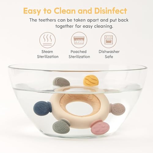 Image of Silicone & Wooden Baby Teether for 3+ Months, BPA Free Soft Teething Toy, Safe Teether for Infants, Round Shape, Silicone Rudder with Wooden Ring Soothe Babies Gums (Beige)