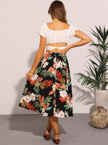 Allegra K Floral Boho Midi Skirt for Women Elastic Waist A-Line Flowy Summer Beach Skirt with Pocket3