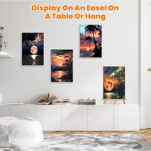 4 Pack Paint by Number Kits for Adults with Framed Canvas&Wooden Easel, DIY Adult Painting by Number Kit Oil Acrylic, Moon Sunset Painting Kit for Beginners, Arts and Crafts for Home Decor 8x12inch