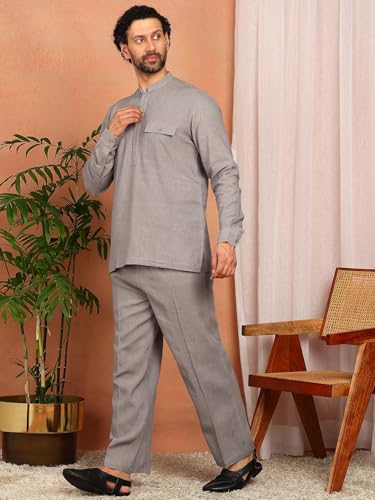 Image of See Designs Men's Full Sleeve Mandarin Collar Linen Solid Pathani Set