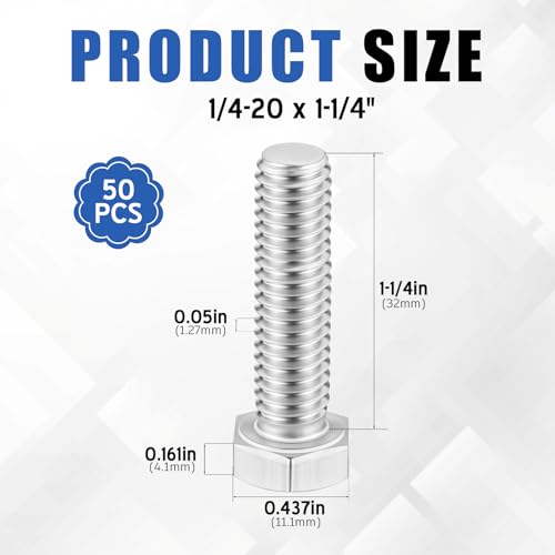 Image of Zonon 50 Pcs 1 /4-20 x 1-1 /4 inch Hex Head Screw Bolt 18-8 (304) Stainless Steel Hexagon Bolts, Fully Threaded, Plain Finish, External Hex Drive (Silver)