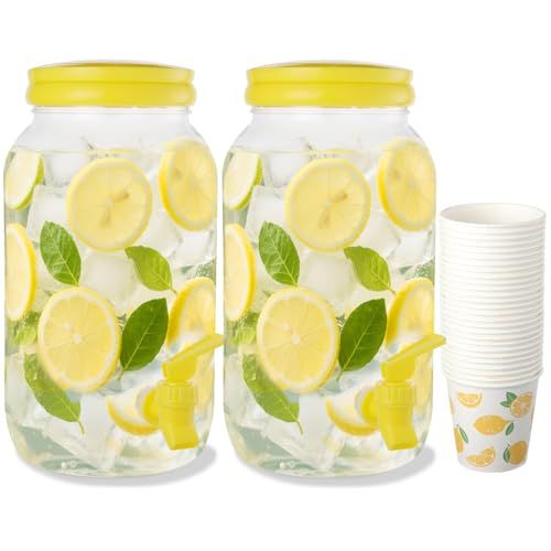 2 Pcs Plastic Beverage Dispenser with Spigot and 40 Pcs Lemon Paper Party Cups Kitchen Fridge Clear Plastic Drink Summer Beverage Dispenser for Summer Parties Water Lemon Juice Tea Beer