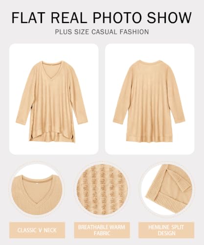 Image of RITERA Plus Size Women Sweaters Waffle Knit Pullover Top Long Sleeve Casual Crewneck Shirt Loose Split Hem Fall Winter Blouse