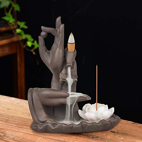 SOLEJAZZ Lotus-Waterfall-Incense-Burner Backflow Ceramic Incense Holder with 120 Incense Cones + 30 Incense Sticks for Home Decor Yoga Craftwork Figurine, Brown - Thumbnail 3