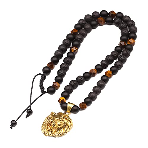 Lion Necklace Men's Natural Tiger Eye Beads Necklace Onyx,Lava Beads Necklace Macrame Beaded Necklace Big Lion Pendant Necklace For Men