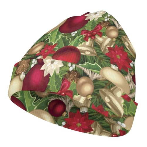 Blooming Poinsettia Holly Berry Christmas Pattern Kids Beanie Hat for for Girls Boys Children Cap Winter Knitted Chemo Cancer Headwear Accessories Gifts Decoration Black