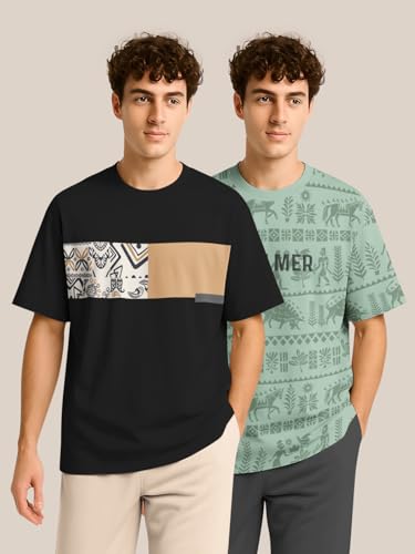 Image of BULLMER Trendy Half Sleeve Oversized Cotton Blend Crew Neck Tshirt for Men - Pack of 2