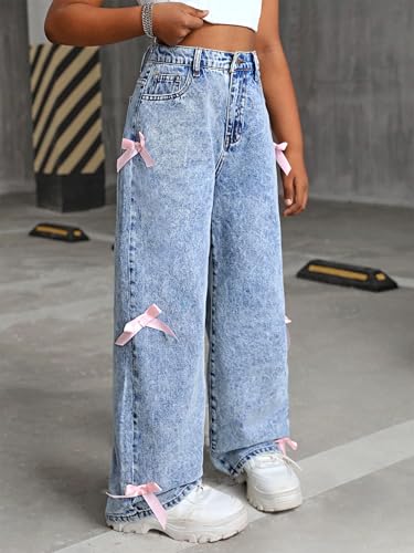 Fulihug Jeans for Girls Baggy Wide Leg Cute Bow High Elastic Waisted Denim Pants Y2K Boyfriend Skater Streetwear 7-14Y