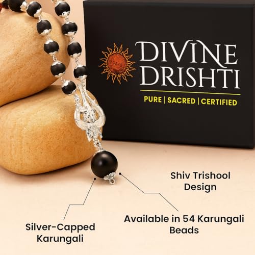Image of Original Karungali Mala 54 Beads with OM Shiva Trishool Pendant | Govt. Lab Tested Natural Black Ebony Wood | Silver Capped Spiritual Prayer Necklace for Men & Women