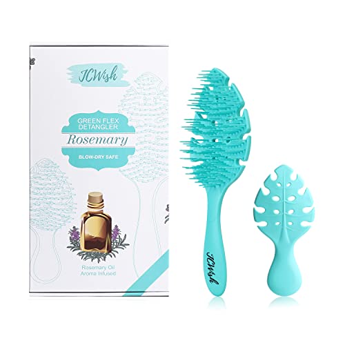 2-Pack GreenFlex Scented Detangling Brush - Detangler For Thick Wet Hair Brush - Essential Oil Infused Styling Tools For Dry Natural 3a to 4c Kinky Curly Wavy Straight Hair - Large & Travel Mini Kids Size - Rosemary Green