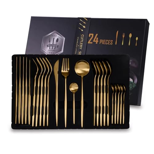Image of Royal Gold Silverware Set | 24-Piece Satin Finish French Style Stainless Steel Flatware | Elegant Giftable Box | Dishwasher Safe Cutlery for Home, Restaurants & Corporate Gifting