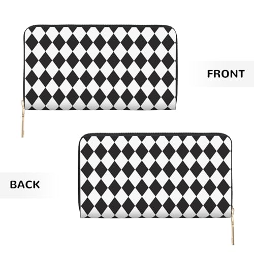 Leather Thin Slim Wallets for Women Men - Fashion Black White Harlequin Print Card Wallet Holder with Zipper 7