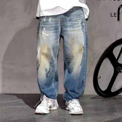 Men’S Vintage Hip Hop Graffiti Baggy Skateboard Denim Pants Slim Fit Full Length Button Fly Distressed Print Trousers4