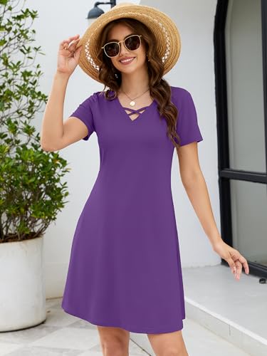 Image of KORSIS Women's Dresses Summer Casual T-Shirt Short Sleeve Criss Cross V Neck Swing Beach Vacation Sundress Dress with Pockets