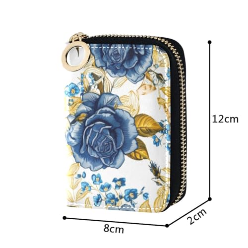 Small Women's Wallet Cute Card Holder Wallets RFID Blocking Leather Coin Purse Wallet with Zipper Dark Blue Vintage Roses Golden3
