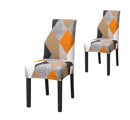 Image of Stretchable Dining Chair Cover - Washable, Removable, Anti-Slip, Protector, Universal Fit (Set of 2, Orange Prism)