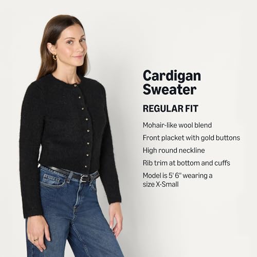 Amazon Essentials Women's Regular-Fit Faux Mohair Wool Blend Sweater Cardigan with Gold Buttons, High Round Neckline, Black, Small - image 4