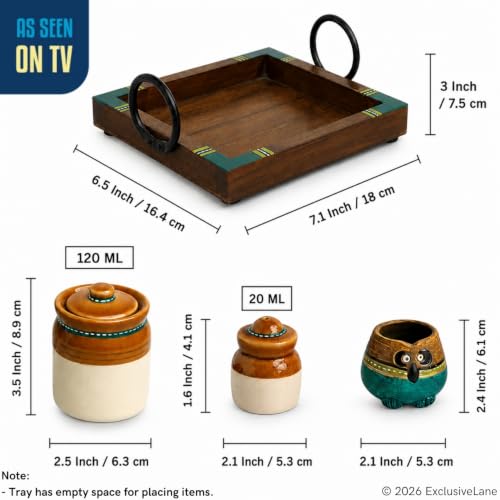 Image of ExclusiveLane 'Old Martaban' Ceramic Pickle Jars for Dining Table with Salt & Pepper Shaker & Tray & Toothpick Holder (Non Air-Tight, Jars & Salt Pepper Shaker : 120 & 20 gram) | Jar for Pickle Jar