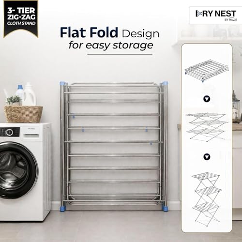 Image of KITCHIVO 3 Layer Foldable Clothes Drying Rack, Stainless Steel Garment Airer Stand with Large Drying Space for Laundry, Towels and Clothes (3-Tier Zig-Zag)