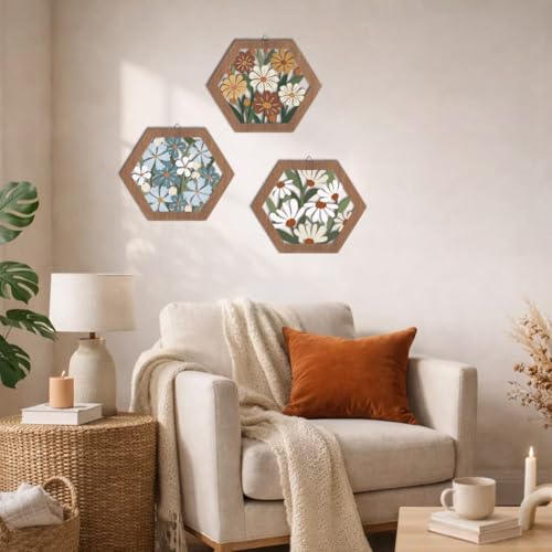 Impression d'art mural de fleurs cadre en bois suspendu hexagonal - 2