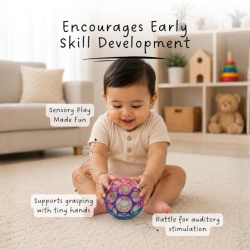 Image of Baby Ball Toys with Rattle | 0-12 Months | Grasping Toy | Sensory, Rolling Fun Toy for Newborns, Infants and Toddlers | Lightweight | Easy Grip (O-Ball Pink)