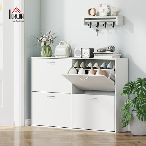Meuble à chaussures en bois blanc HOMCOM design épuré 4 grands compartiments à clapets - 3