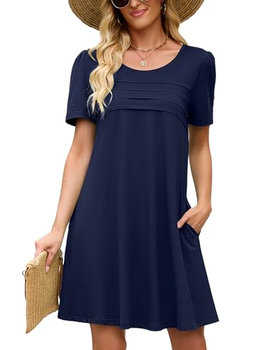 Image of Heymoments Women's Short Sleeve Crewneck Sundress Summer Casual A-Line Beach Dress with Pockets S-2XL