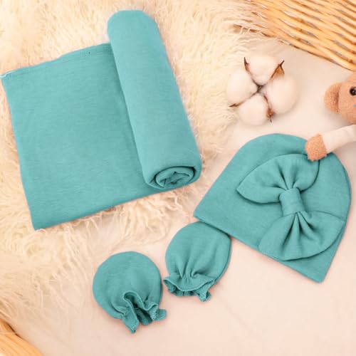 Image of AQOKKA Baby Swaddle Blankets with Bow Hat Mittens Set Infant Receiving Blankets Swaddles for Newborns Unisex Toddler Swaddle Wrap Sets for Baby Girls Boys Nursery Warm Shower Gift