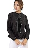 Allegra K Women's Peplum Denim Jackets Collarless Round Neck Button Down Cropped Ruffle Hem Jacket Small Black