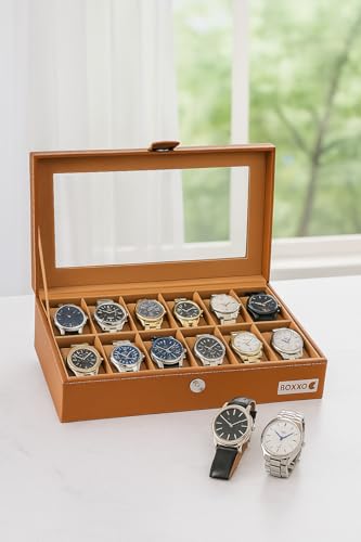Image of BOXXO 12 Slot Watch Organizer Box for Men & Women - Premium PU Leather Watch Case, Soft Velvet Cushions & Glass Lid Display, Elegant Storage Box - 34x20x8 cm (Tan & Brown (Transparent), 12 Slots)