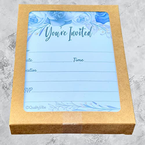 25 Gray & Blue Flower Invitations With Envelopes, Fill In Style You're Invited, Elegant Gray, Blue & White Flowers Theme. For Wedding Invites, Engagement Parties, Birthdays, Baby & Bridal Showers. Thick & Non Coated Cardstock For Use With Any Pen. #TOP2